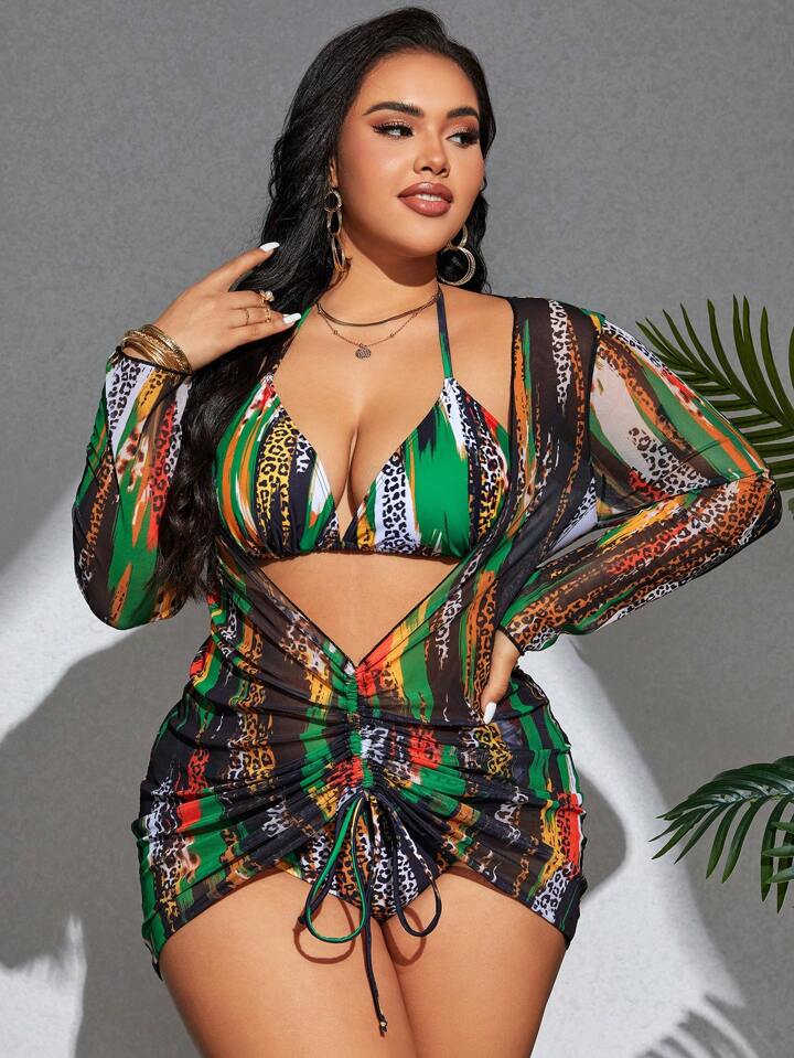 Plus Size Colorblocking Leopard Print 3pcs Swimwear, Beach Outfit Tankini Set Bathing Suit