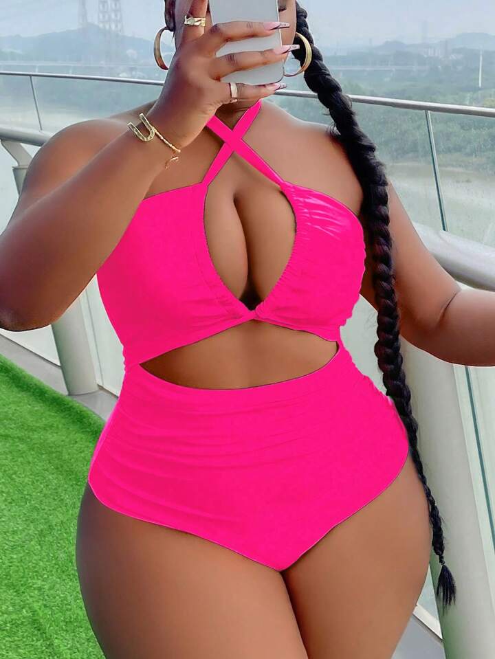 Plus Size Solid Color Halter Backless Hollow Out One Piece Swimsuit