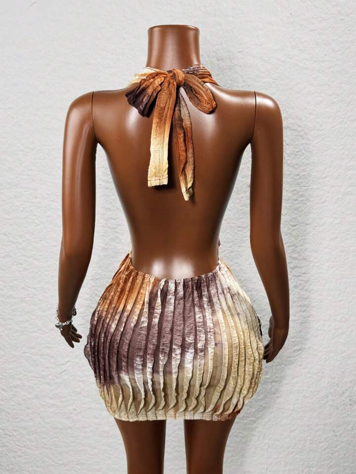Tie-Dye Backless Halter Mini Dress