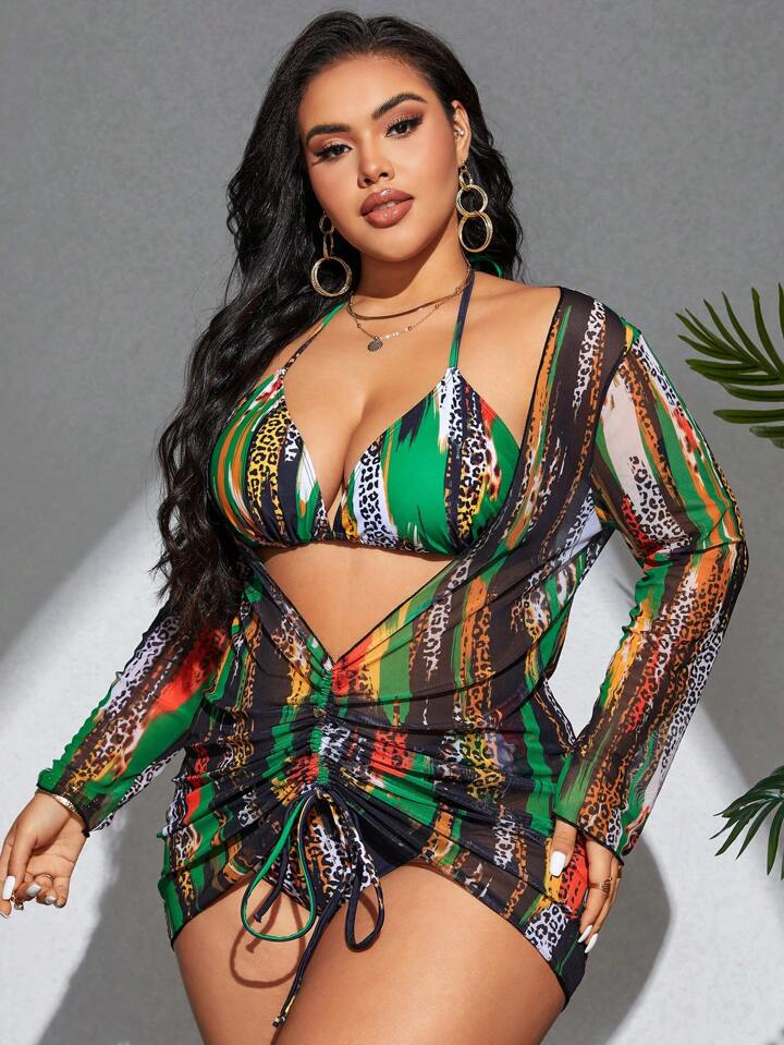 Plus Size Colorblocking Leopard Print 3pcs Swimwear, Beach Outfit Tankini Set Bathing Suit
