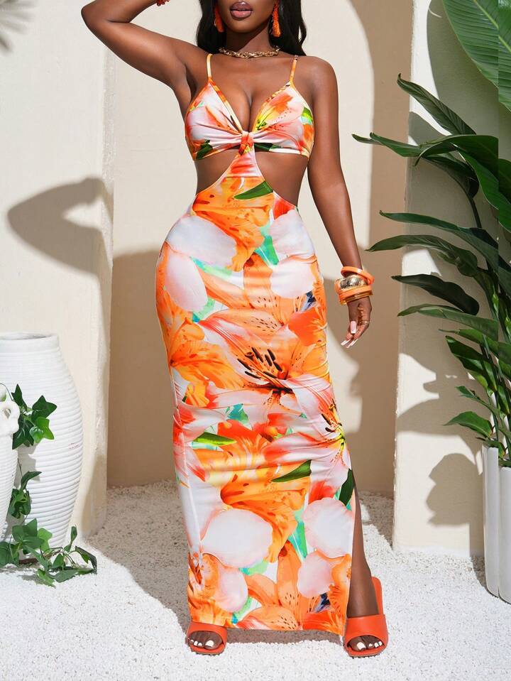 Floral Print Sleeveless Bodycon Slip Dress With Waist Hollow Out And Side Slit