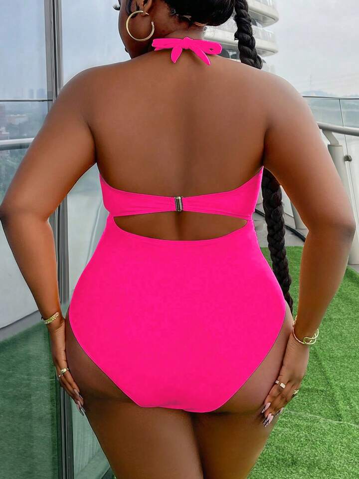 Plus Size Solid Color Halter Backless Hollow Out One Piece Swimsuit