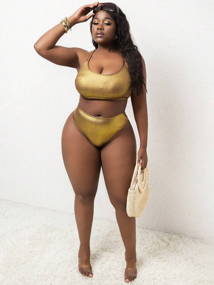 Plus Size Sexy Backless Criss-Cross Metal Shiny Fabric Swimwear Bikini Set