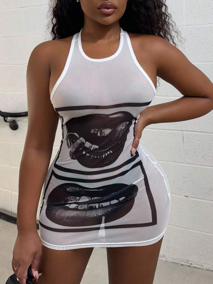 Lip Print Sheer Bodycon Mini Dress