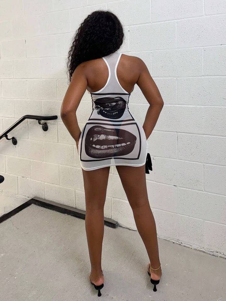 Lip Print Sheer Bodycon Mini Dress