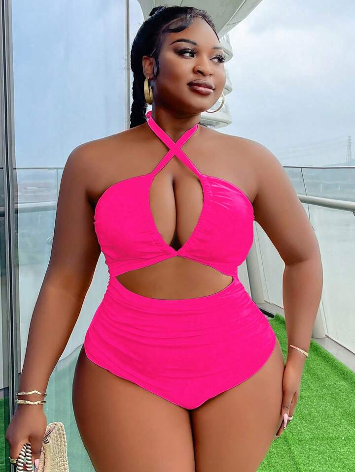 Plus Size Solid Color Halter Backless Hollow Out One Piece Swimsuit
