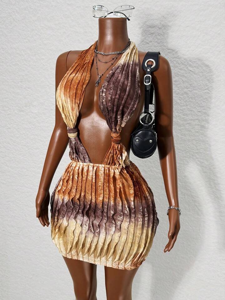 Tie-Dye Backless Halter Mini Dress