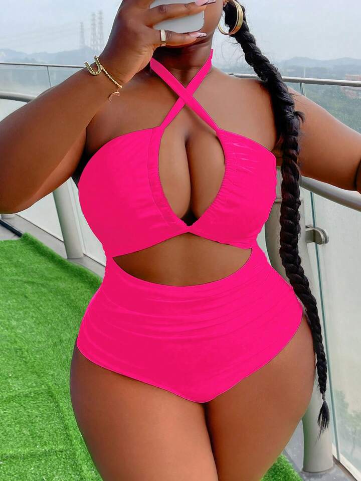 Plus Size Solid Color Halter Backless Hollow Out One Piece Swimsuit