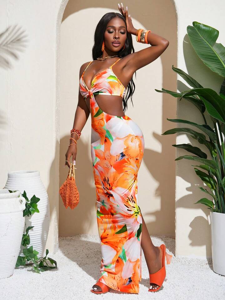 Floral Print Sleeveless Bodycon Slip Dress With Waist Hollow Out And Side Slit
