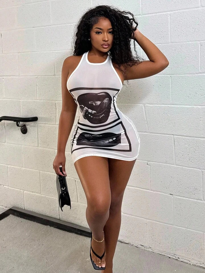 Lip Print Sheer Bodycon Mini Dress