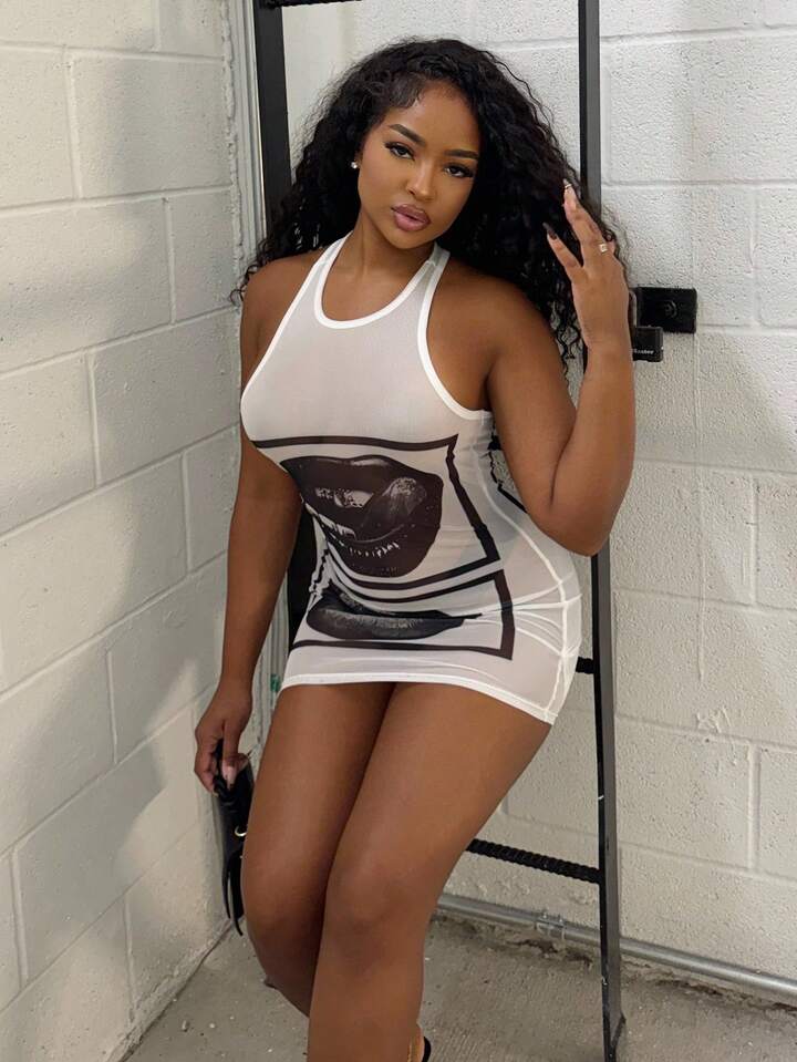 Lip Print Sheer Bodycon Mini Dress