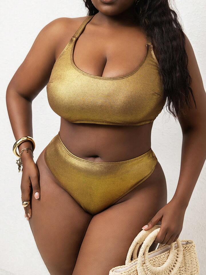 Plus Size Sexy Backless Criss-Cross Metal Shiny Fabric Swimwear Bikini Set