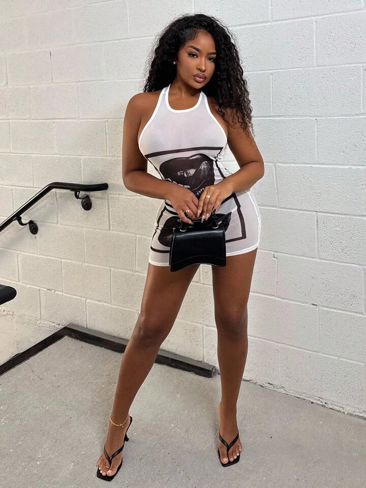 Lip Print Sheer Bodycon Mini Dress