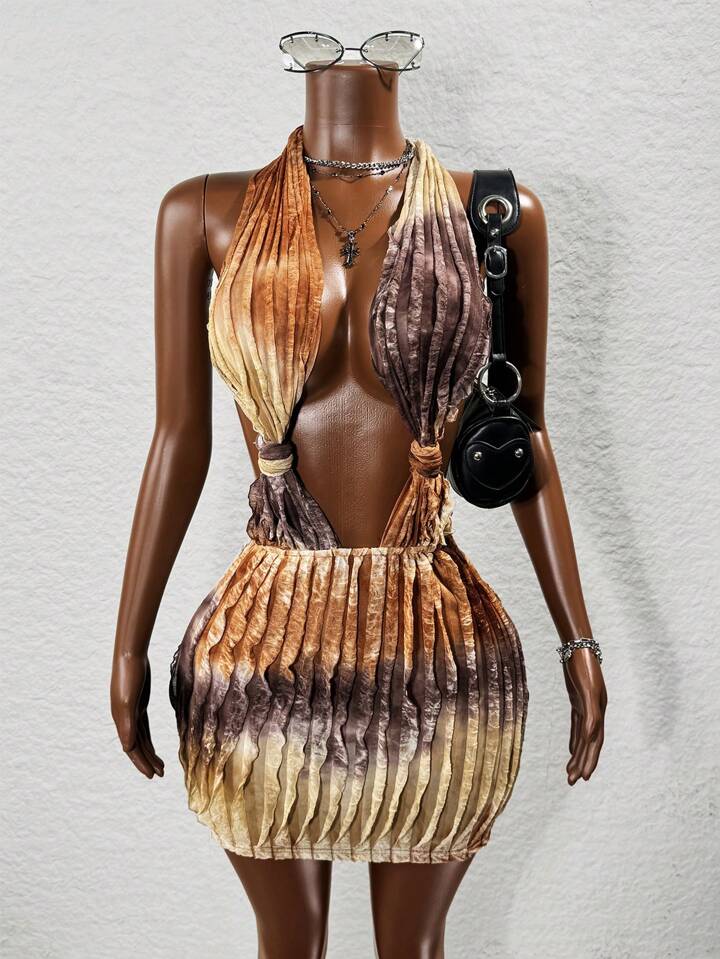 Tie-Dye Backless Halter Mini Dress