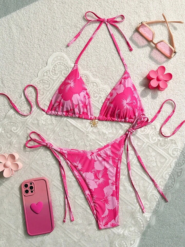 Floral Print Halter Neck Tie Sexy Bikini Set