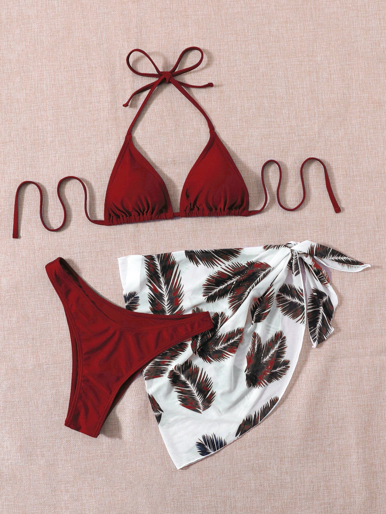 Leaf Print Bikini Set Halter Triangle Bra & High Cut Bottom & Cover Up Skirt 3 Piece Bathing