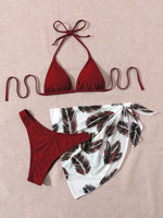 Load image into Gallery viewer, Leaf Print Bikini Set Halter Triangle Bra &amp; High Cut Bottom &amp; Cover Up Skirt 3 Piece Bathing
