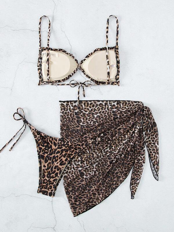 Leopard Print Tie Side Bikini Swimsuit With Beach Skirt