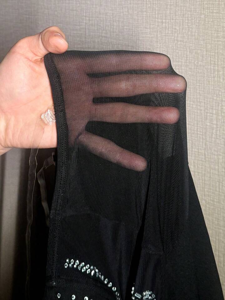 Slim Sweetheart Neckline Splicing See-Through Mesh & Heavy Hot Diamond Mini Dress