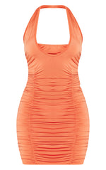 Load image into Gallery viewer, Orange Slinky Ruched Cross Neck Detail Bodycon Dress
