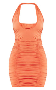 Orange Slinky Ruched Cross Neck Detail Bodycon Dress