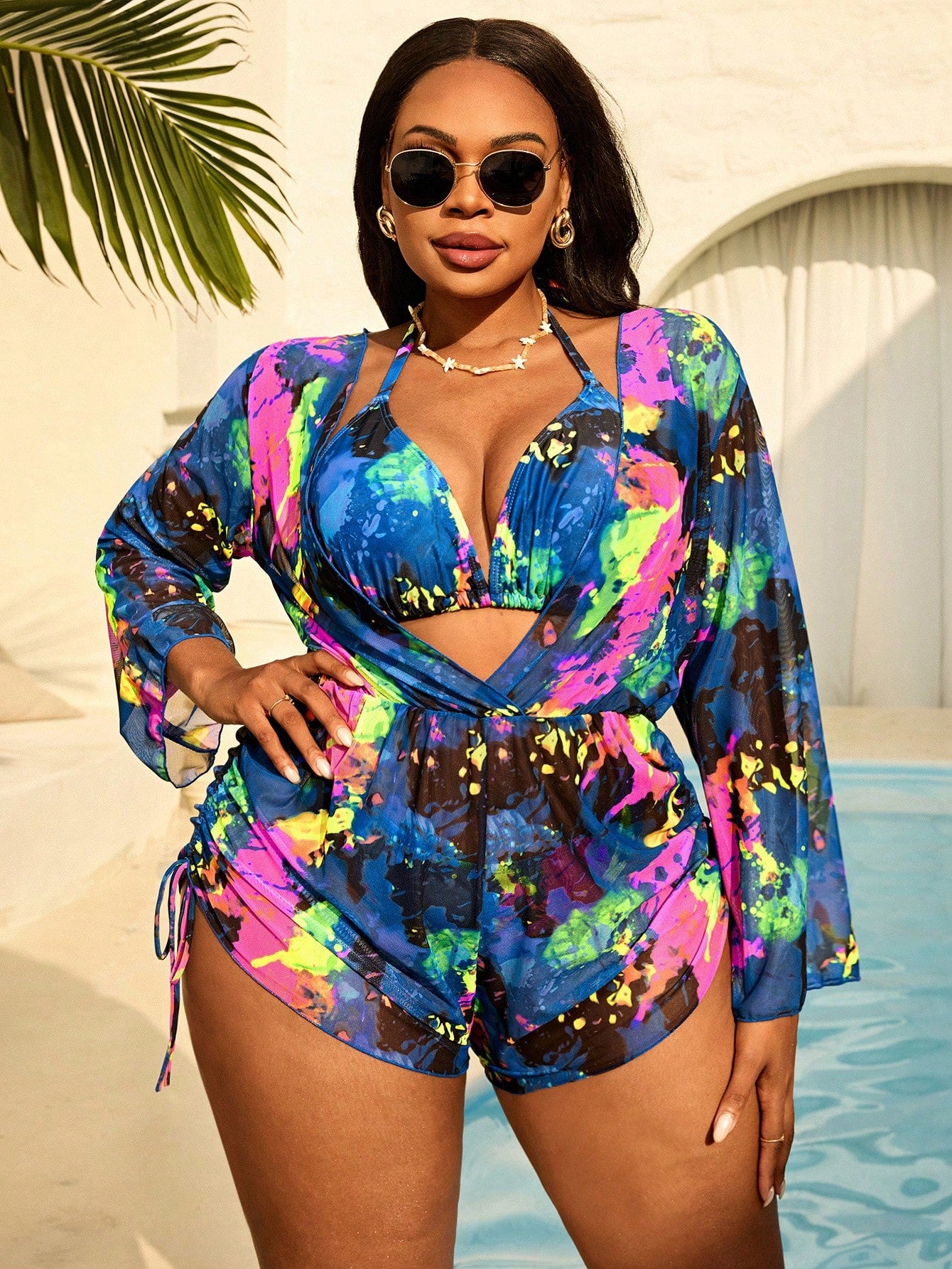 Plus Size Tie-Dye Halter Split Bikini Set With Long Sleeve Pants And Mesh Cover Up