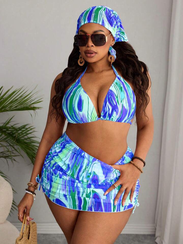 Plus Size Women 4pcs Set: Random Print Halter Neck Thick Strap Triangle Bikini Top, Matching Drawstring Print Mini Skirt And Hat