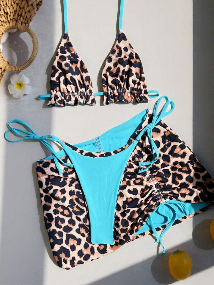 Reversible Leopard Print Bikini Swimsuit, 3-Piece