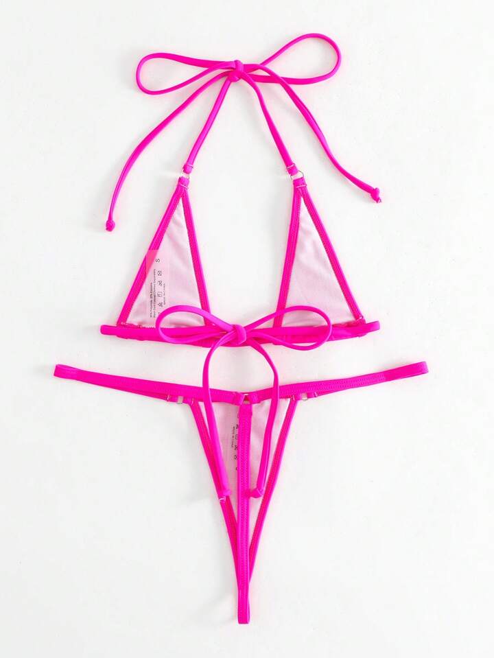 Rave Bikini Set Ring Linked Halter Triangle Micro Bra & G-String Bottom 2 Piece Bathing Suit