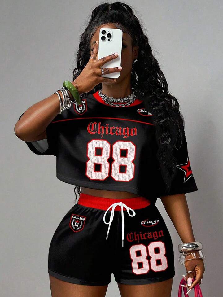 2pcs/Set Casual Sports Street Style Jersey, Black & Red Color, 88 Number, English Letter & Star Print, Round Neck Short Sleeve Cropped T-Shirt And Oversized Snowflake Fleece Shorts