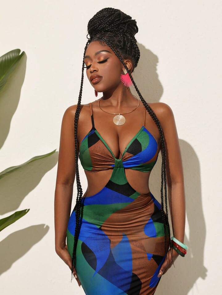 Elegant Color Block Printed Sleeveless Bodycon Dress With Hollow Out Waist And Side Slit