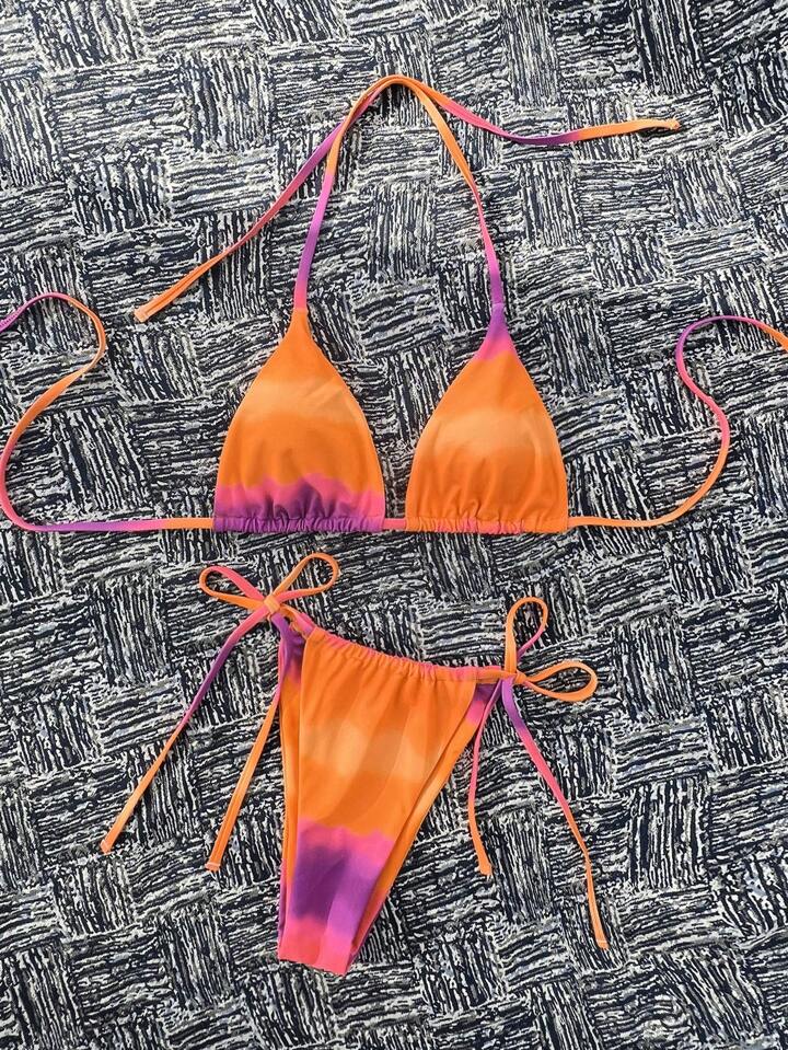 Spaghetti Strap Halter Top And Side Tie Bikini Bottom Bikini Set Set
