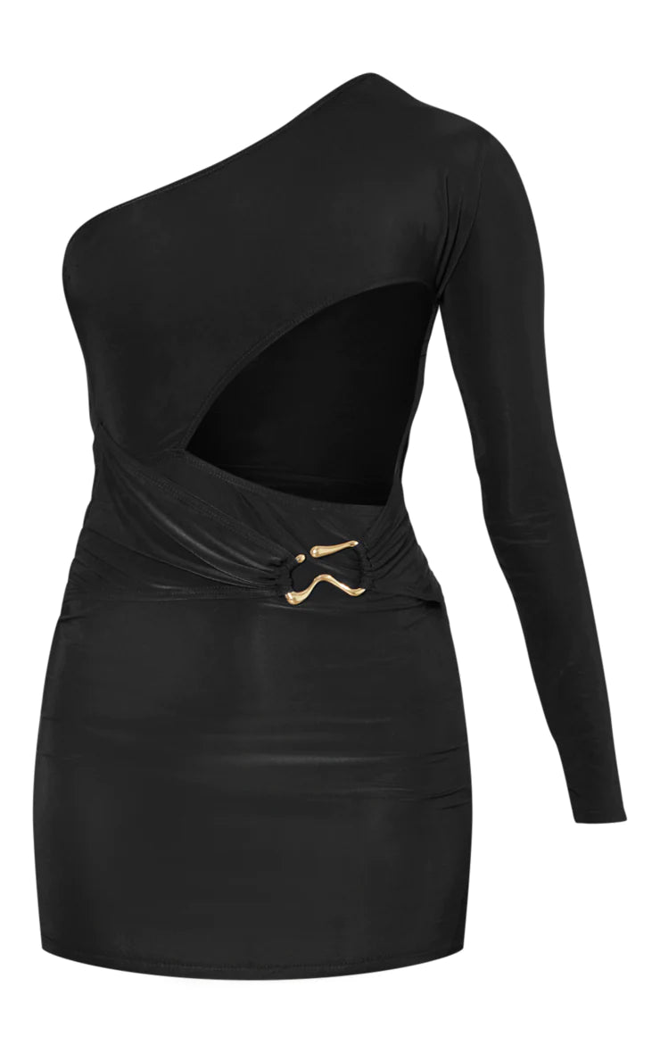 Black Slinky One Shoulder Trim Detail Cut Out Bodycon Dress