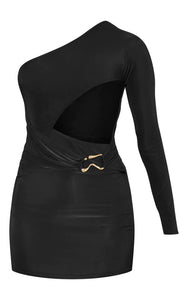 Black Slinky One Shoulder Trim Detail Cut Out Bodycon Dress