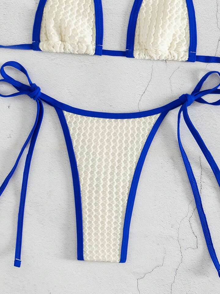 Color Blocking Halter Strap Triangle Bikini Set