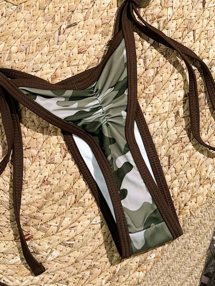 Camouflage Print Bikini Set With Shoulder Straps