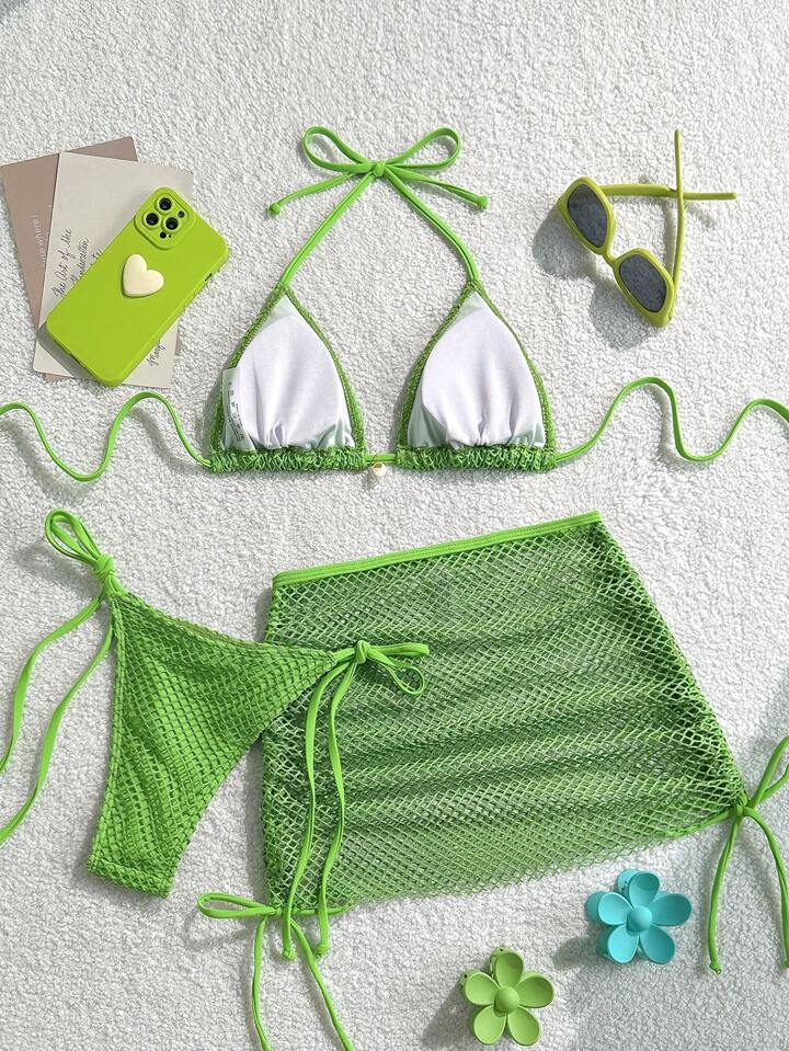 Solid Color Halter Neck Swimwear, Triangle Bikini Bottoms, And Swim Skirt Cover-Up