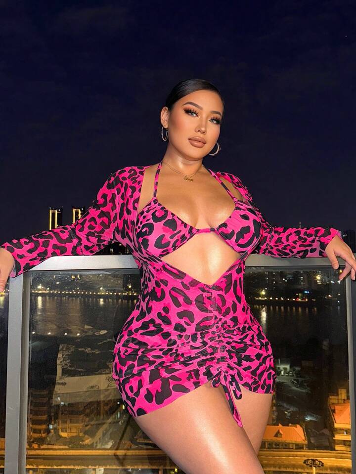 Plus Size Leopard Print 3-Piece Bikini Set