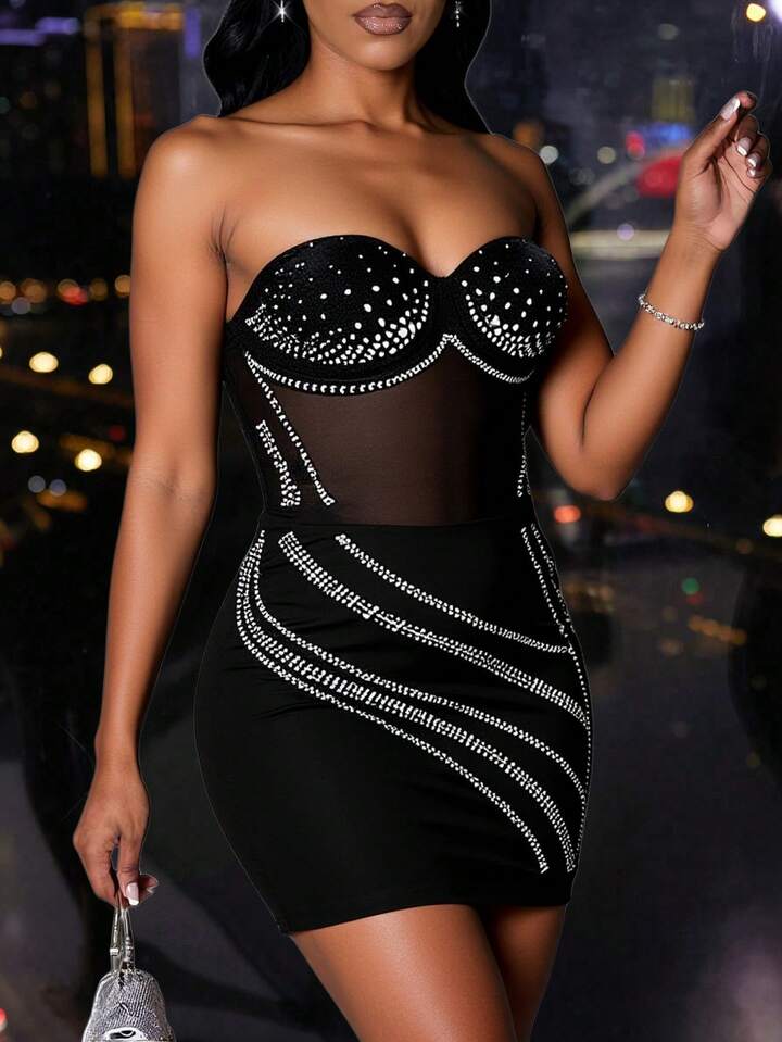 Slim Sweetheart Neckline Splicing See-Through Mesh & Heavy Hot Diamond Mini Dress