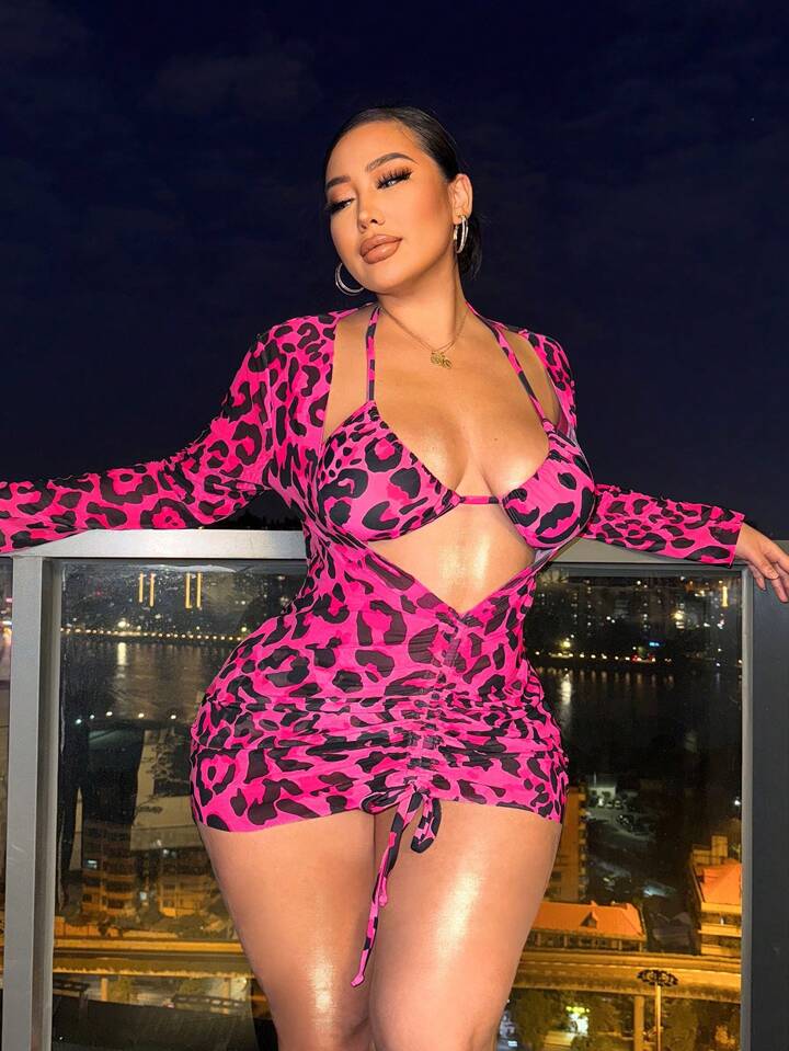 Plus Size Leopard Print 3-Piece Bikini Set