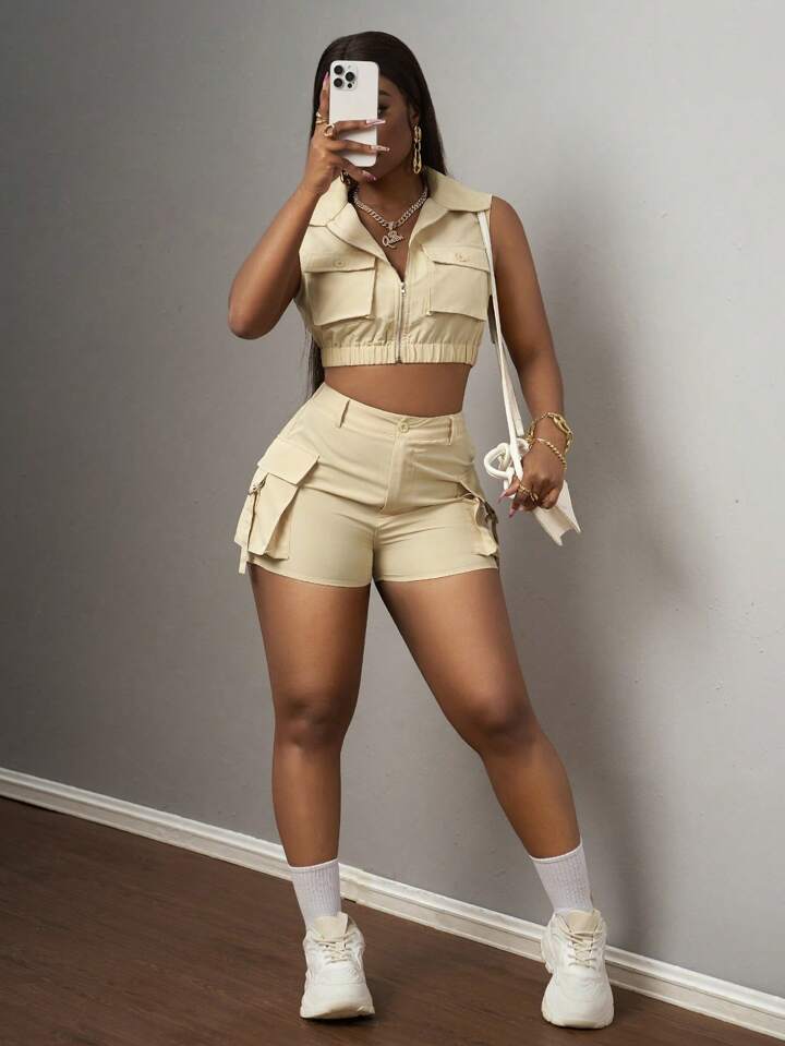 Sleeveless Lapel Top With Pocket Design And Shorts