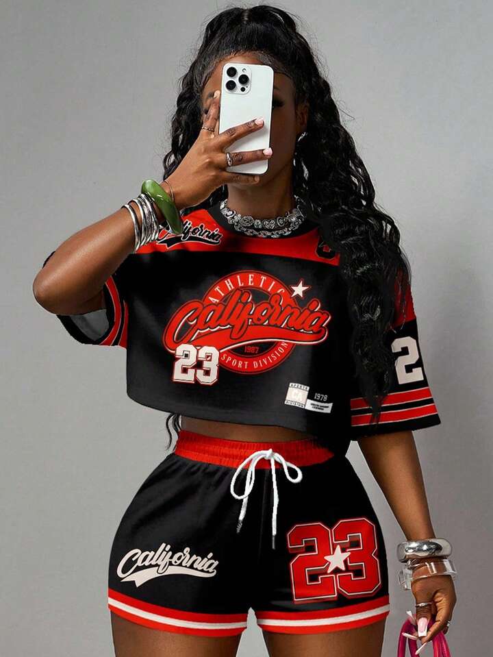 23 Letter Graphic Round Neck Oversized Snowflake Fabric T-Shirt And Shorts Sets