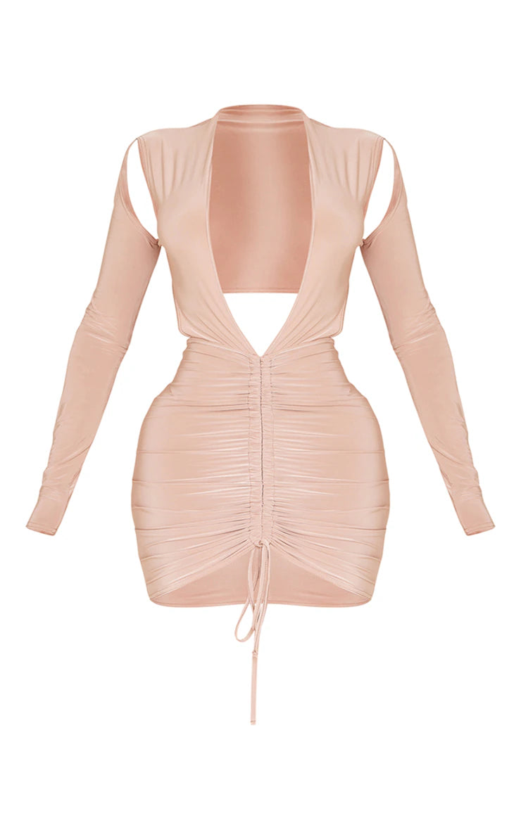 Shape Taupe Slinky Long Sleeve Plunge Ruched Bodycon Dress