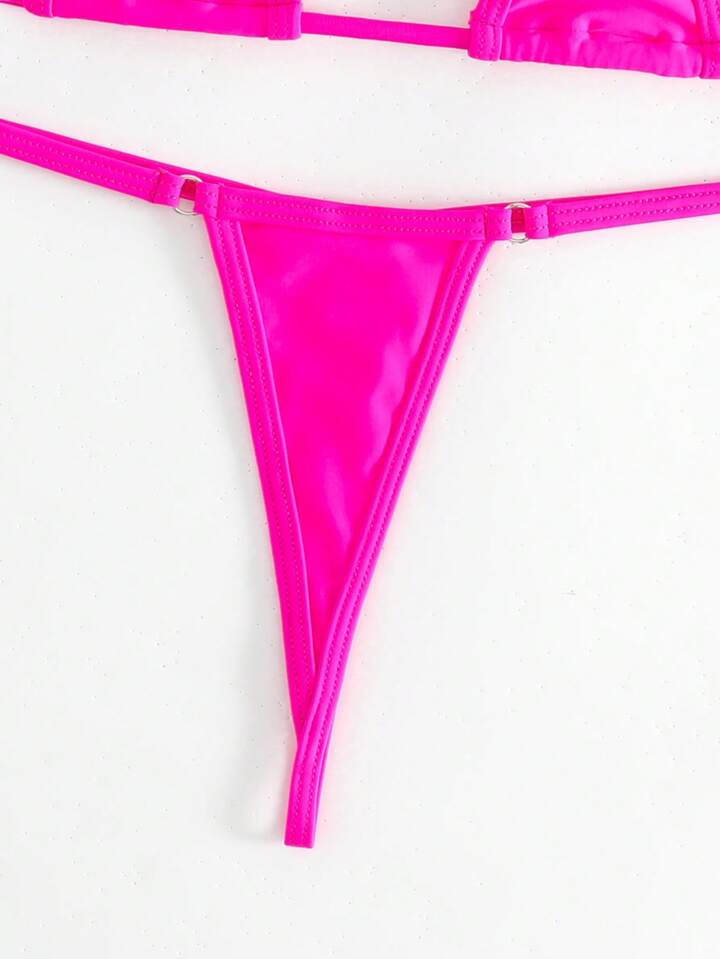 Rave Bikini Set Ring Linked Halter Triangle Micro Bra & G-String Bottom 2 Piece Bathing Suit