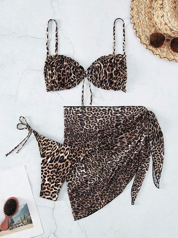 Leopard Print Tie Side Bikini Swimsuit With Beach Skirt