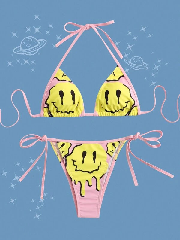 ROMWE Street Life Cartoon Face Graphic Triangle Tie Side Bikini Swimsuit