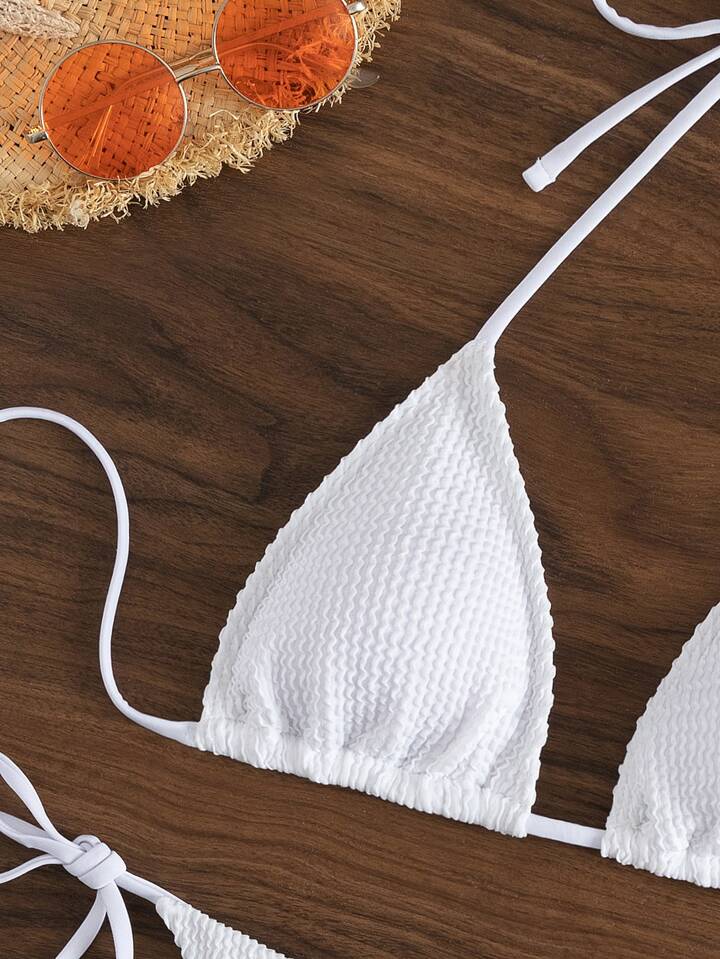 Textured Halter Triangle Bra & Tie Side V-String Bottom 2 Piece Bathing Suit