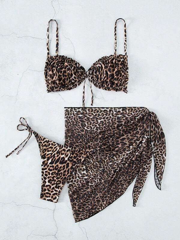 Leopard Print Tie Side Bikini Swimsuit With Beach Skirt