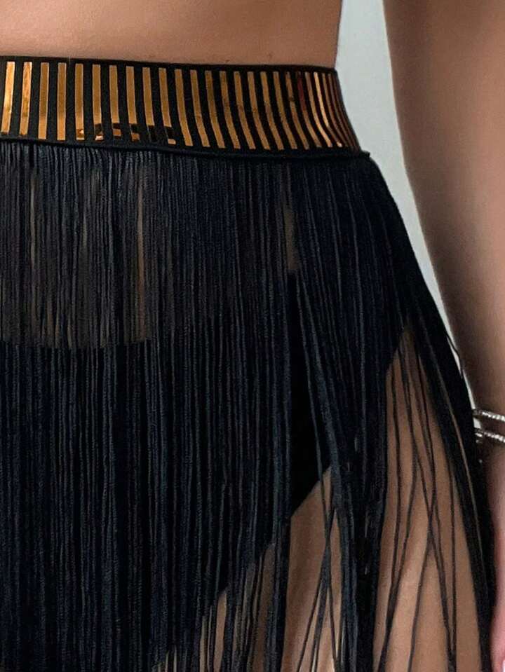 Metallic Weave Belt Fringe Cover Up Skirt