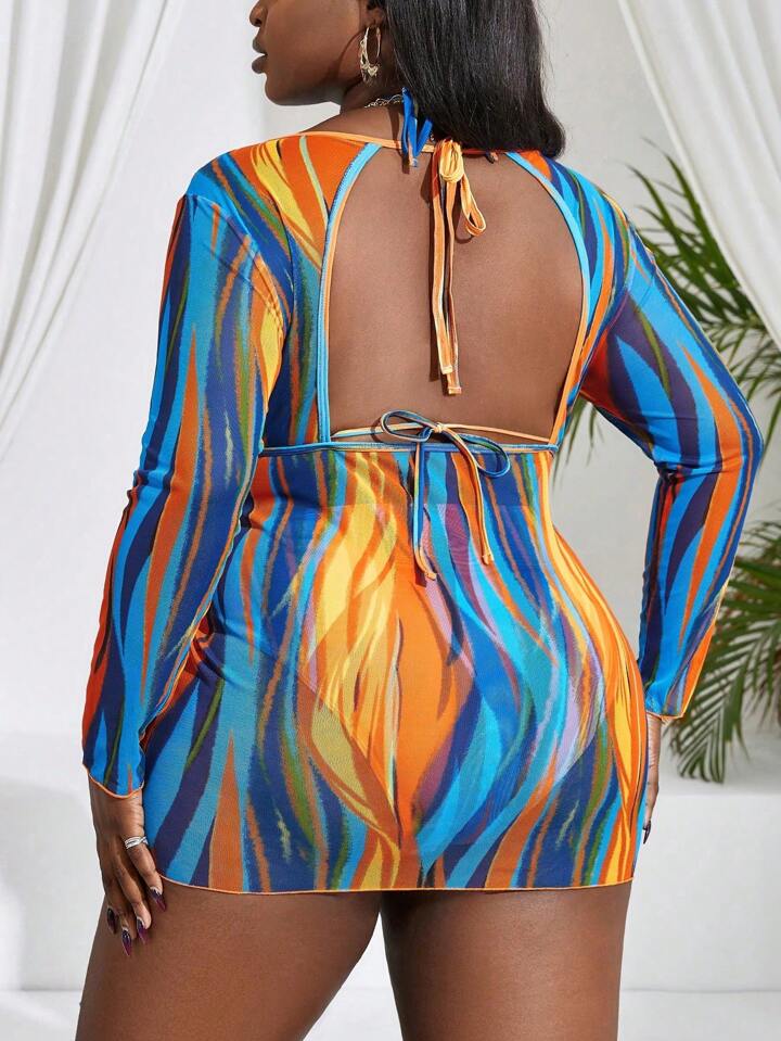 Plus Size Random Printing Knot Back Bikini Set With Hollow Out Strap Cover Up Dress